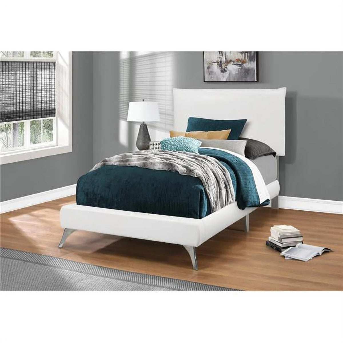 White Leather-Look Twin Size Bed with Chrome Legs U95714