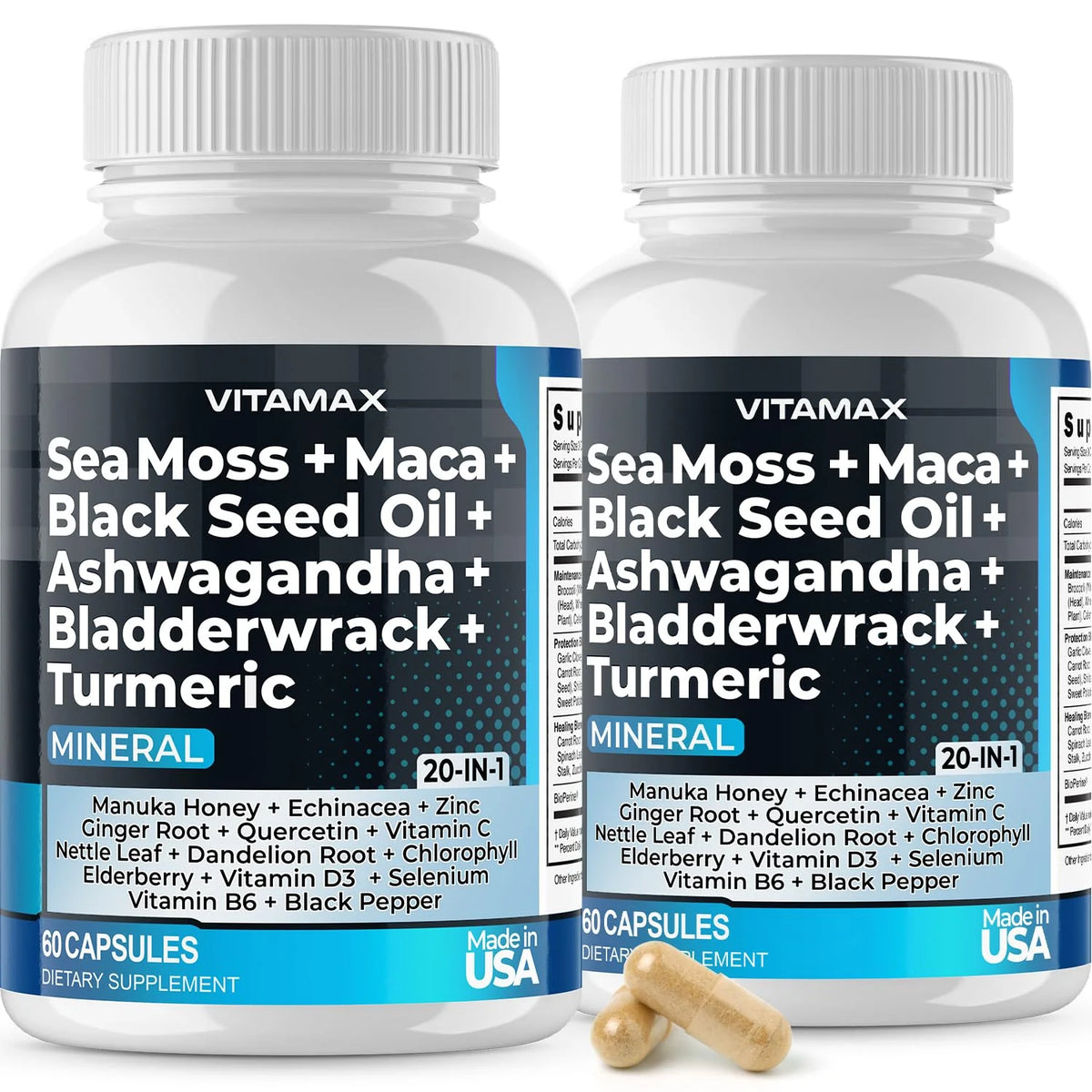 Sea Moss Maca Black Seed Oil Ashwagandha Bladderwrack Turmeric Manuka Elderberry Vitamins C & D3 Chlorophyll Zinc Black Pepper 60 Count Pack of 2 M48688