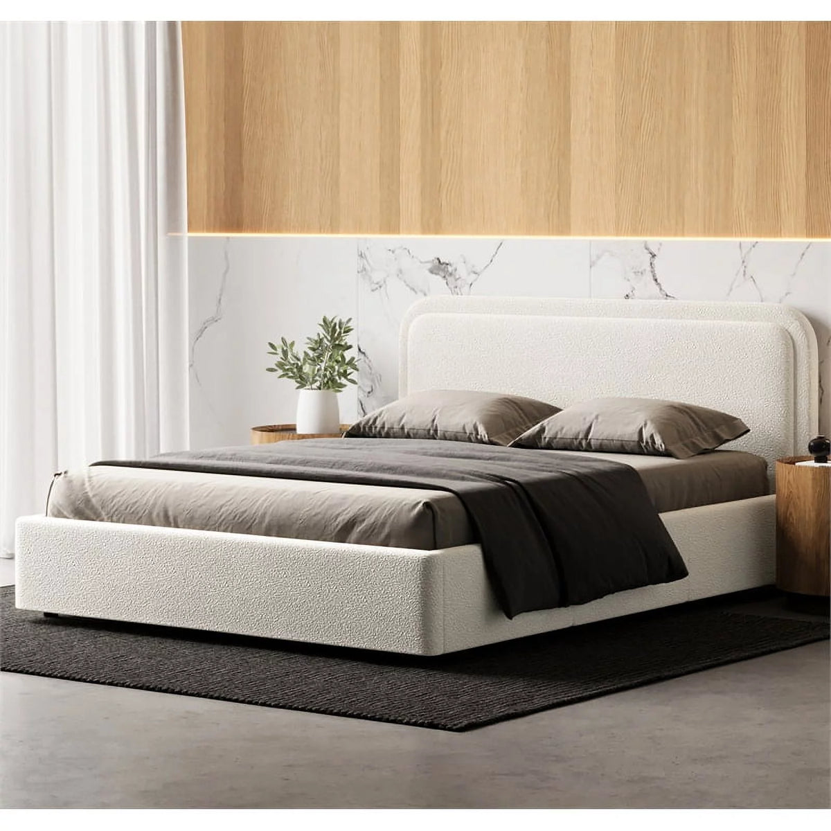Queen Upholstered Platform Bed White Boucle Fabric V9786