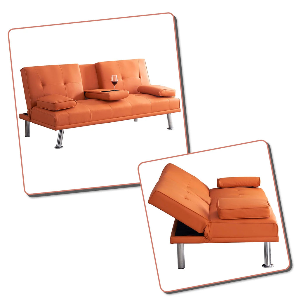 Orange Faux Leather Futon Sofa Bed with Cup Holders H51965