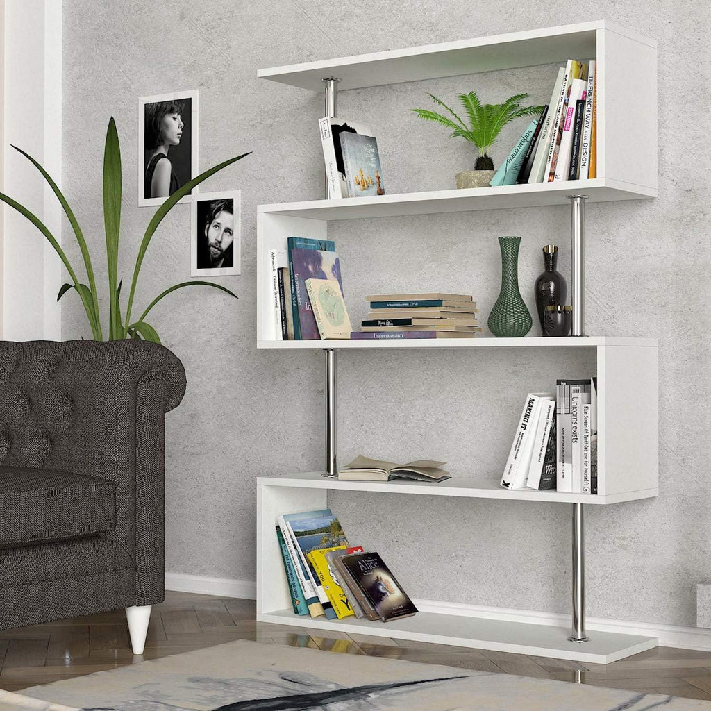 White 4-Shelves Metal Wood Bookcase P938850