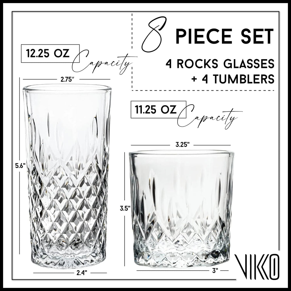 8 Piece Set Of Glasses, 4 Tall 12.25 Ounce And 4 Short 11.25 Ounce Whiskey Glasses V7836