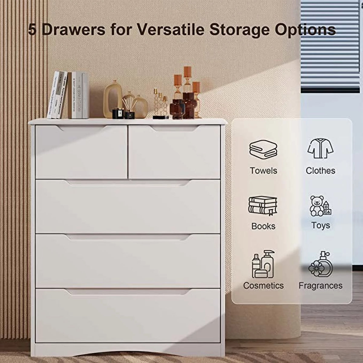 White 5 Drawer Wood Dresser E56604