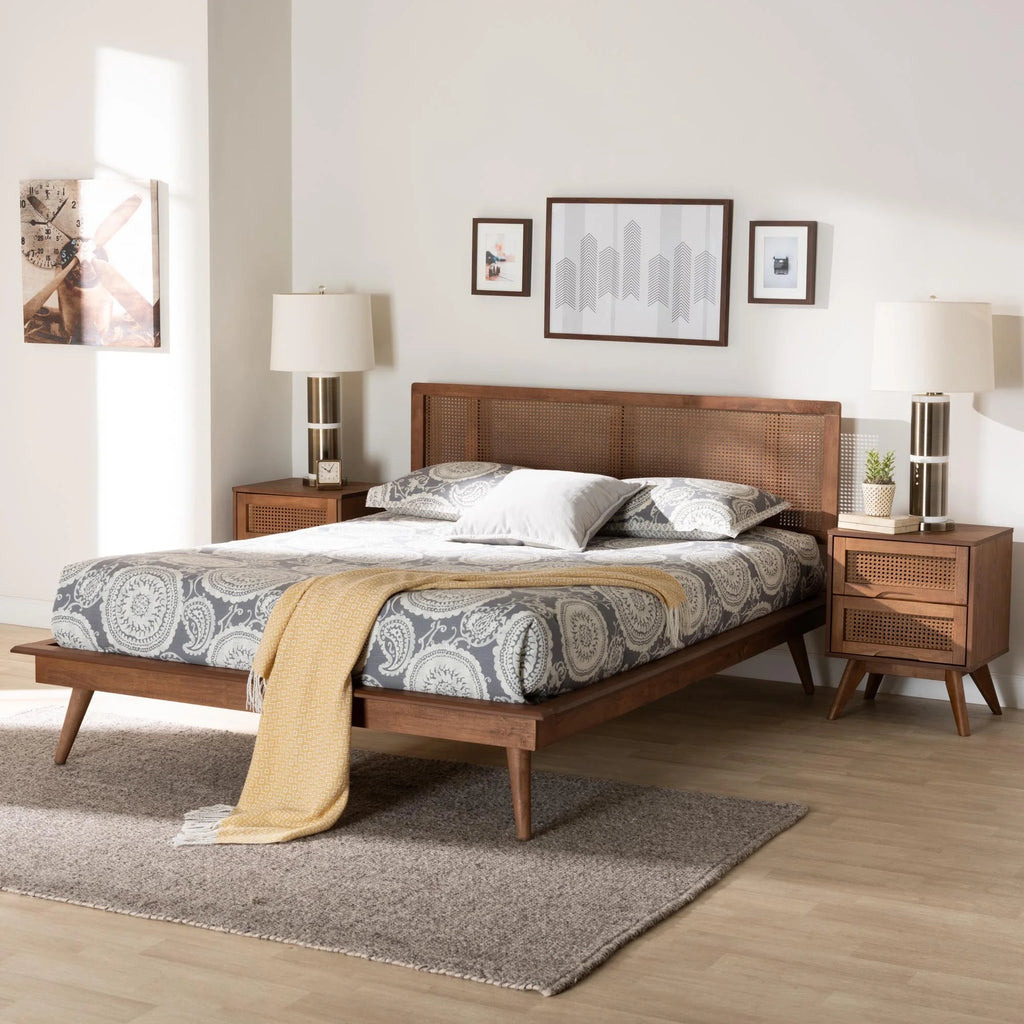 Walnut Brown Wood and Rattan King Size 3-Piece Bedroom Set T16717