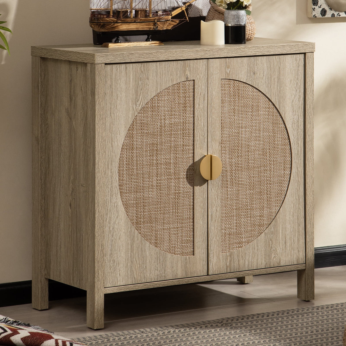 Oak Rattan Sideboard Storage Cabinet Set of 2 Z53374