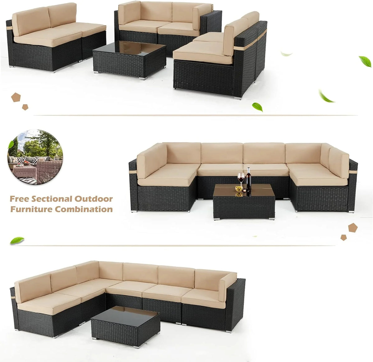 7 Piece Beige Rattan Wicker Sectional Sofa Set with Table V586327