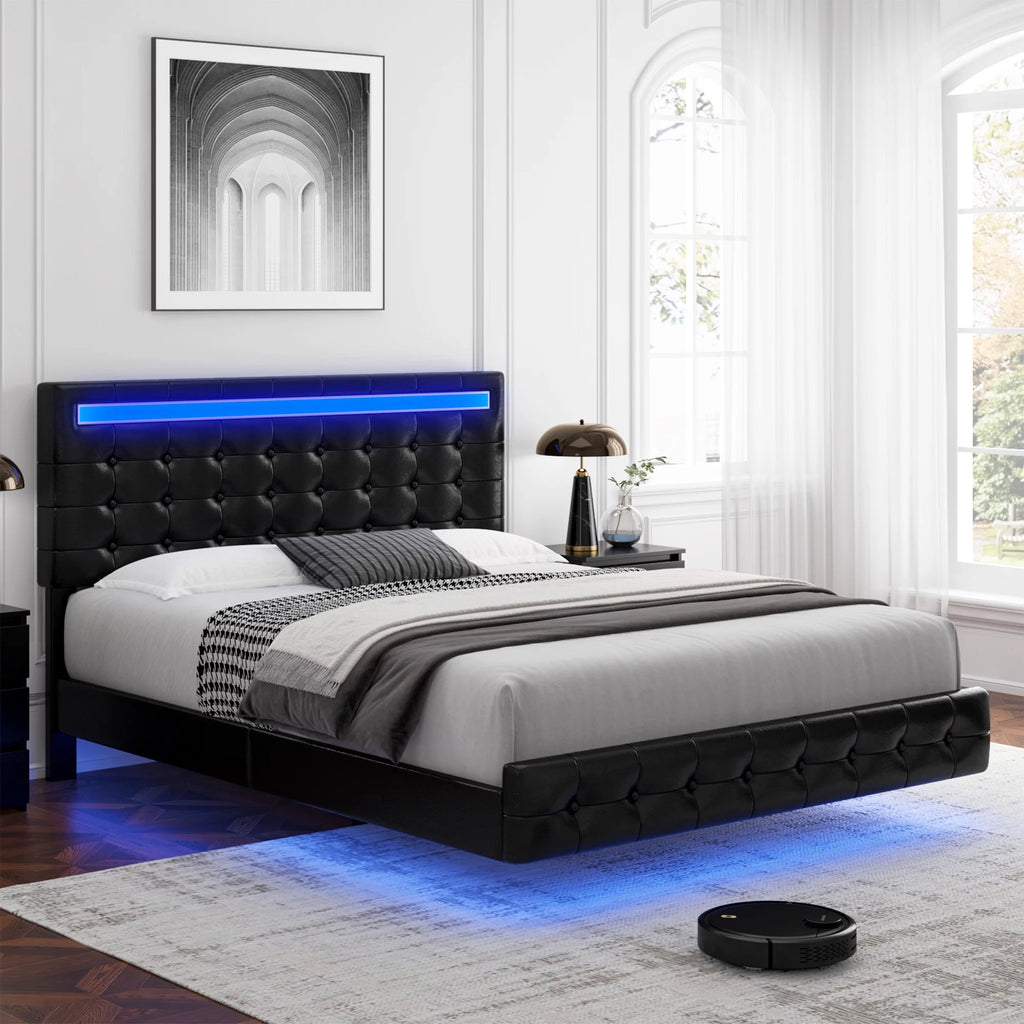 White Queen Floating LED Platform Bed with Storage Z857402