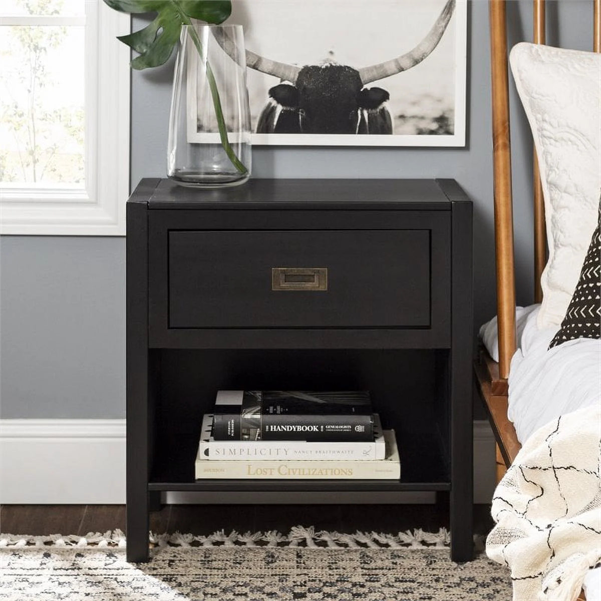 2-Piece 1-Drawer Solid Wood Nightstand Set in Black N587