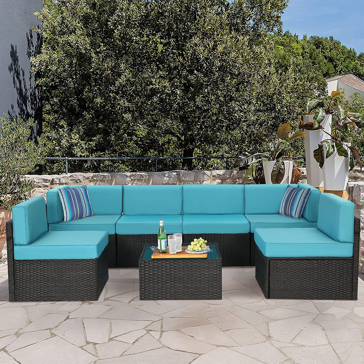 7 Piece Beige Rattan Wicker Sectional Sofa Set with Table V586327