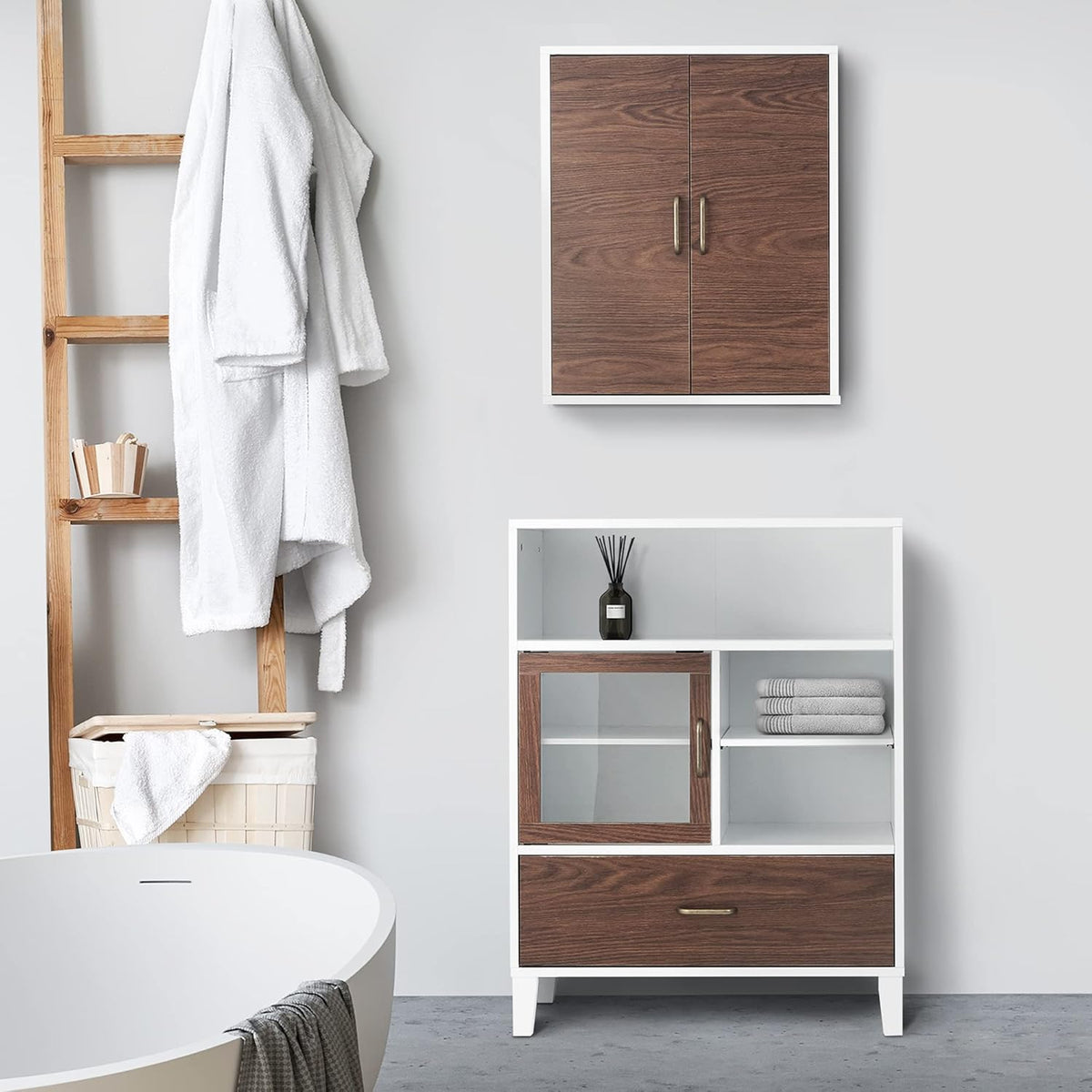 White Natural Wood Bathroom Cabinet W527