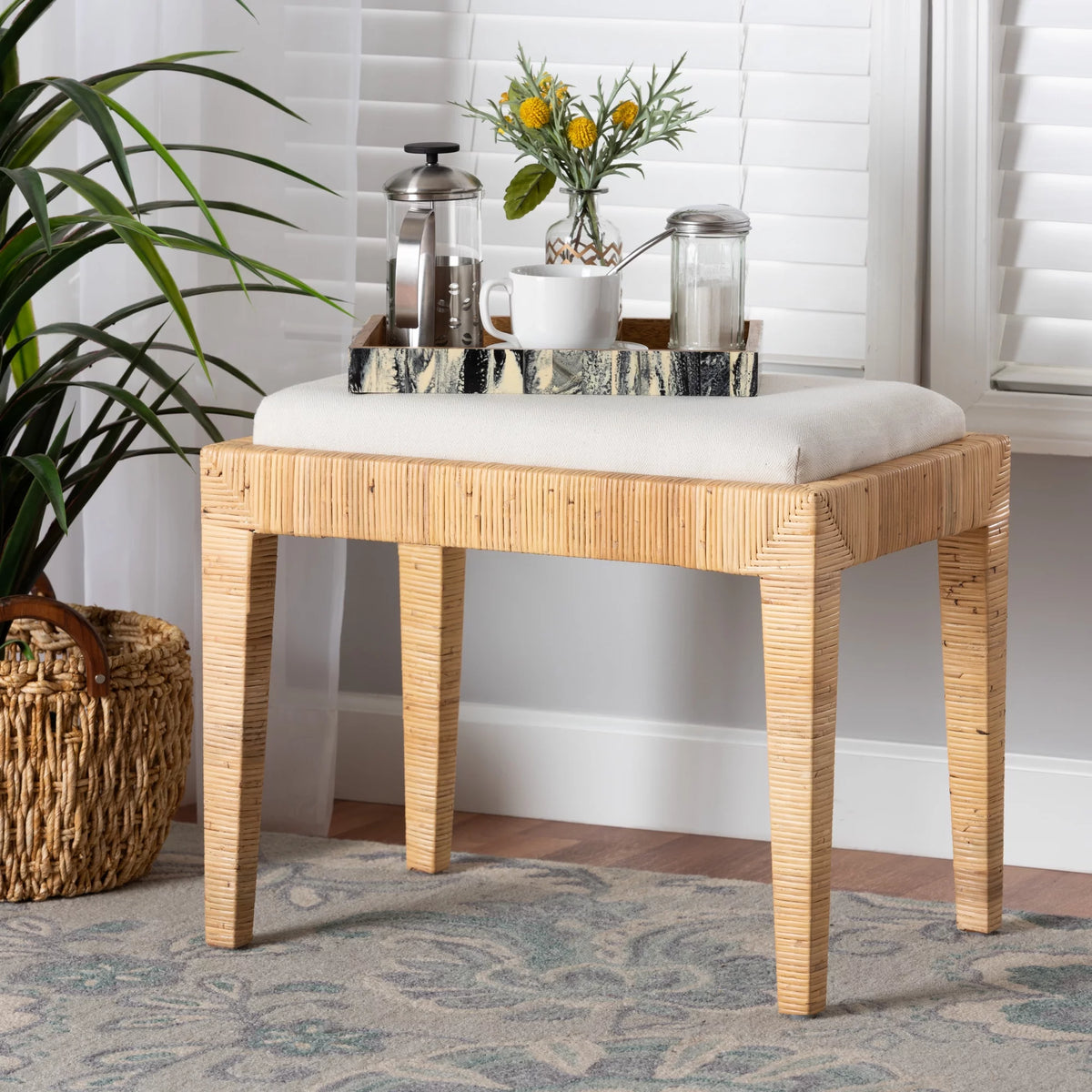 Natural Brown Rattan and Mahogany Wood Ottoman H786222