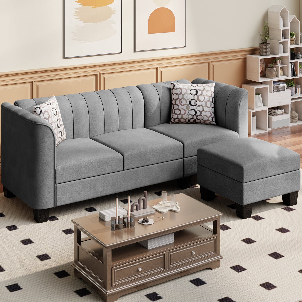 Black L Shaped Linen Fabric Sectional Sofa T3431