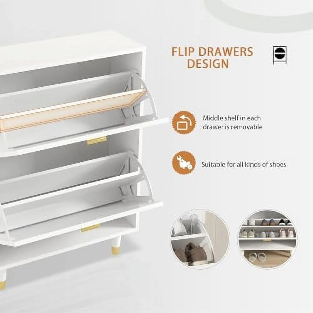 White 2 Flip Drawers Slim Shoe Cabinet E238181