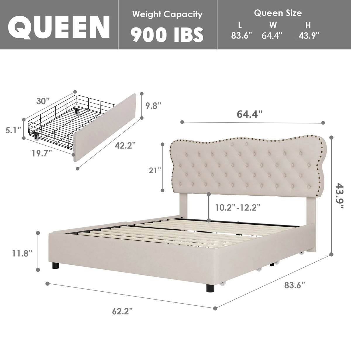 White Queen Bed Frame with Drawer J711544