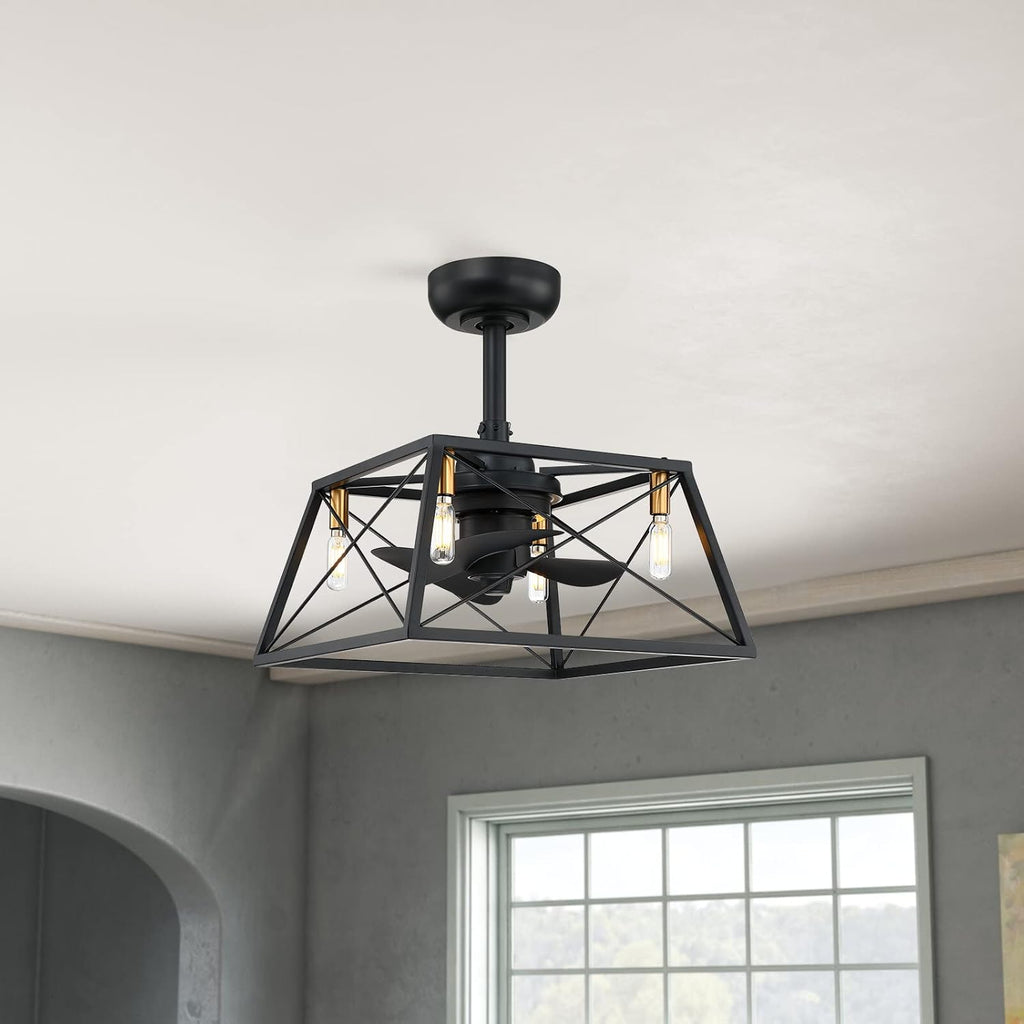 Black and Gold Caged Ceiling Fan with LED Light Kit L984