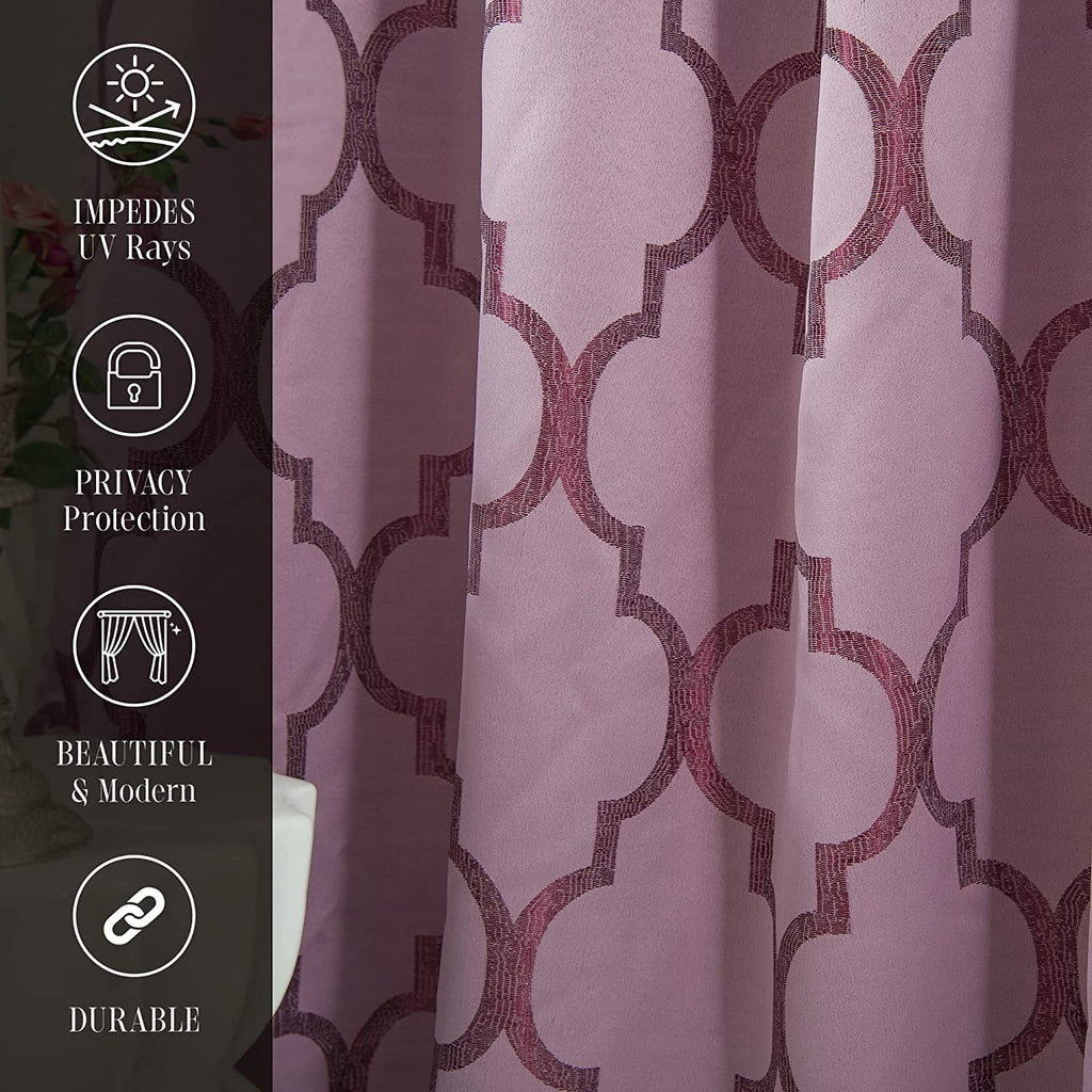 Moroccan Trellis Print Curtain Panels with Attached Valance, 54 X 84 inches, Set of 2, Purple K8225
