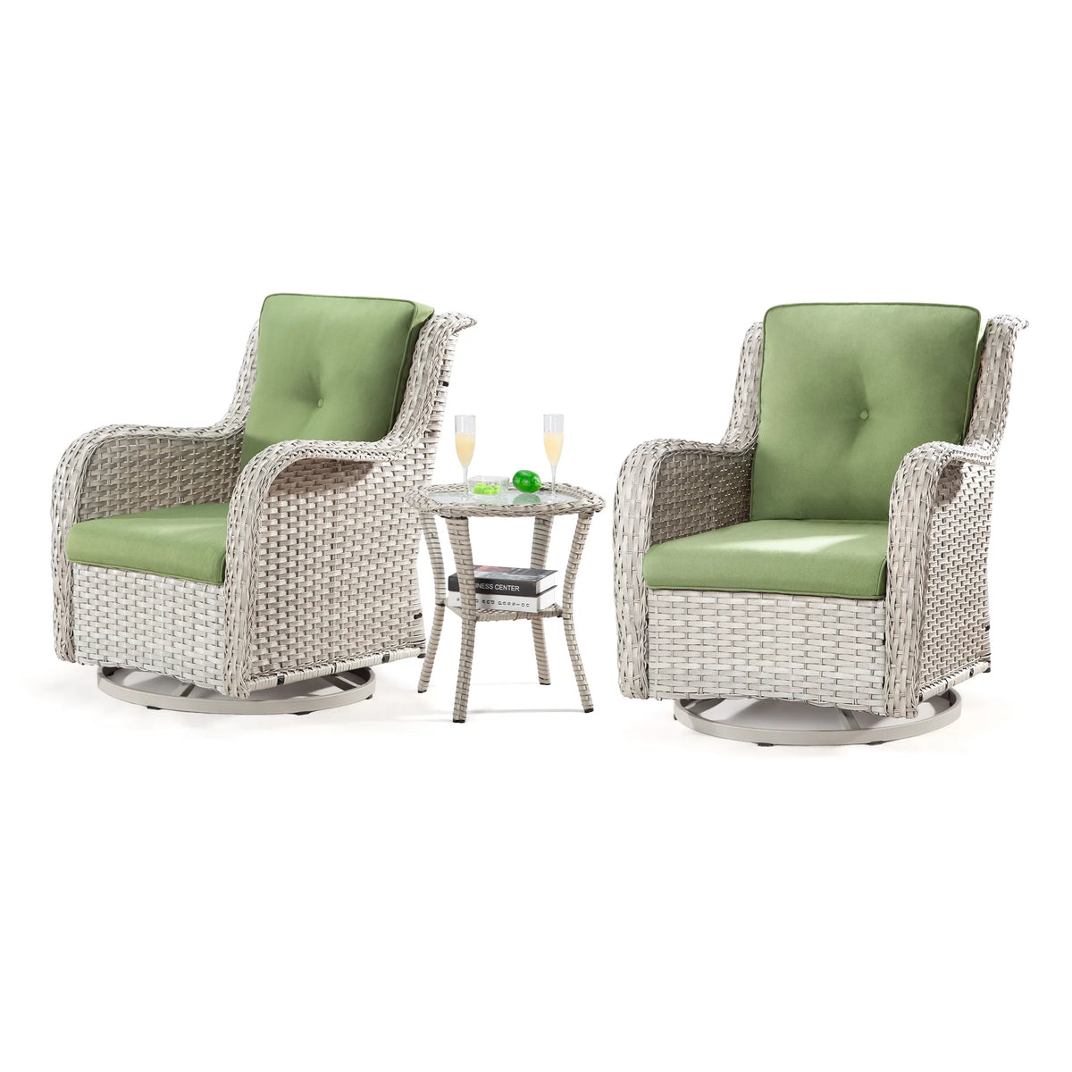 Outdoor Swivel Rocker Wicker Patio Chairs Set of 2 with Table, Blue W925