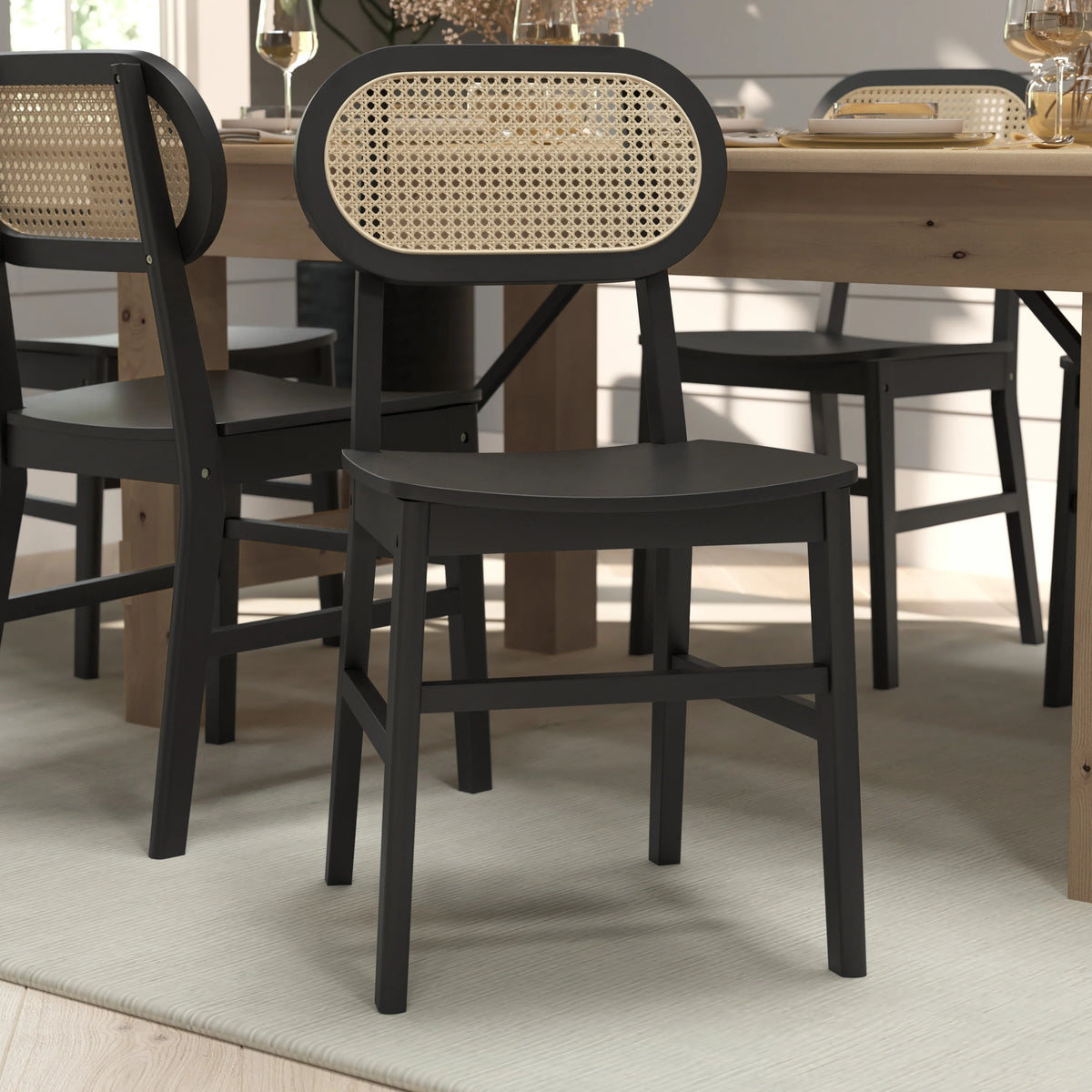 Set of 2 Cane Rattan Dining Chairs with Solid Wood Frames O149