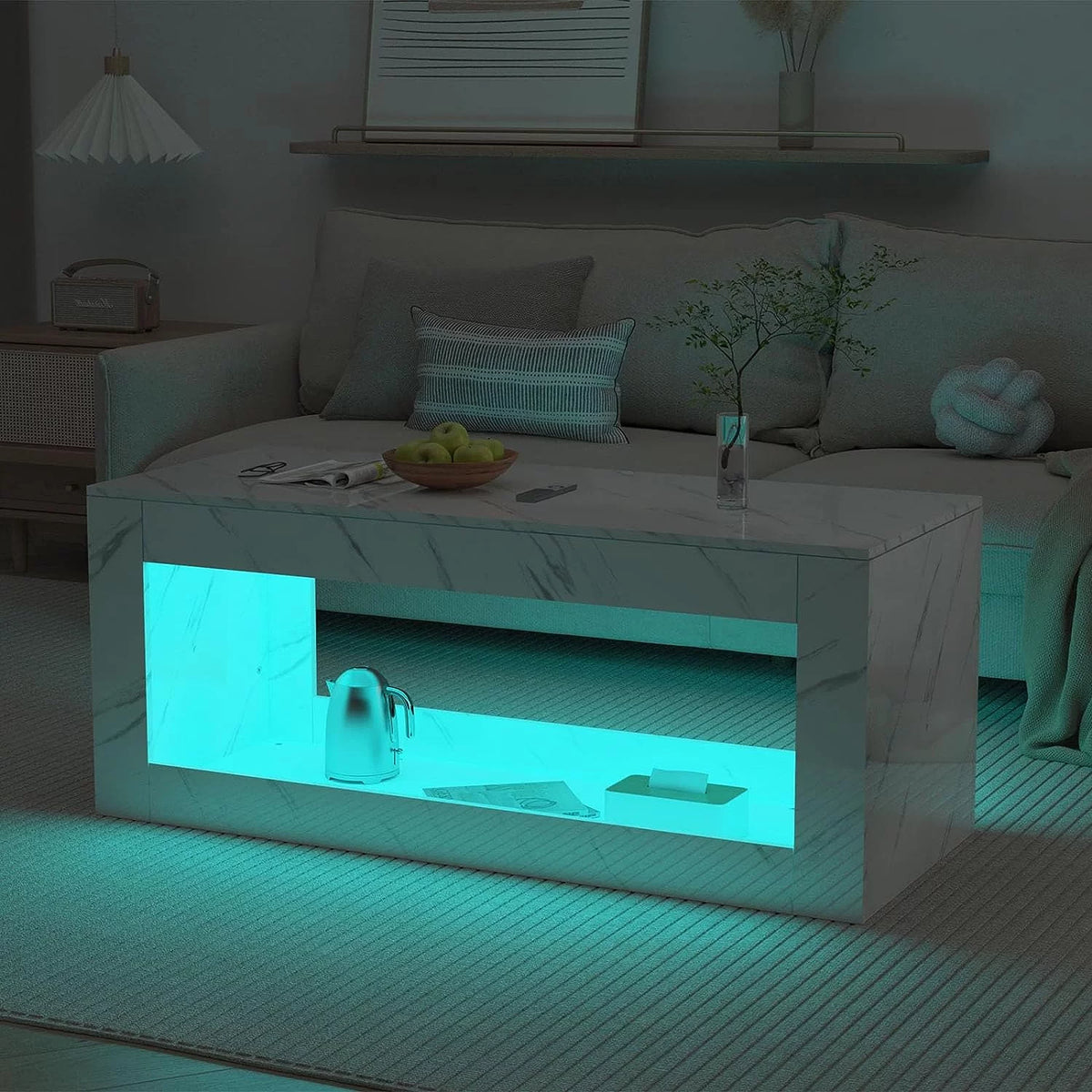 47.3IN High Gloss LED Coffee Table with Marbling Print V539683