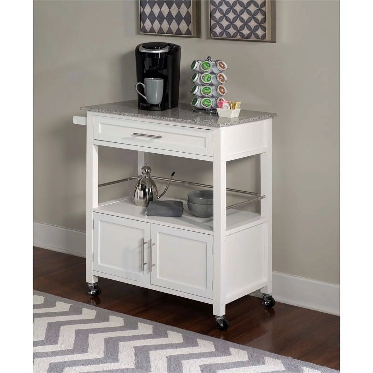 Wood Granite-Top Kitchen Cart in Bright White W852269
