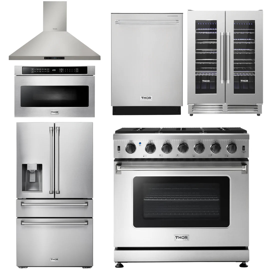36 Gas Range, Range Hood, Microwave, Refrigerator with Ice Maker, Dishwasher, Wine Cooler S676427