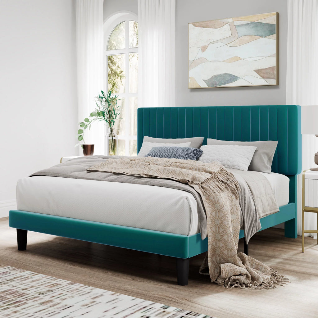 Pink Queen Size Upholstered Platform Bed Frame with Velvet Headboard D917