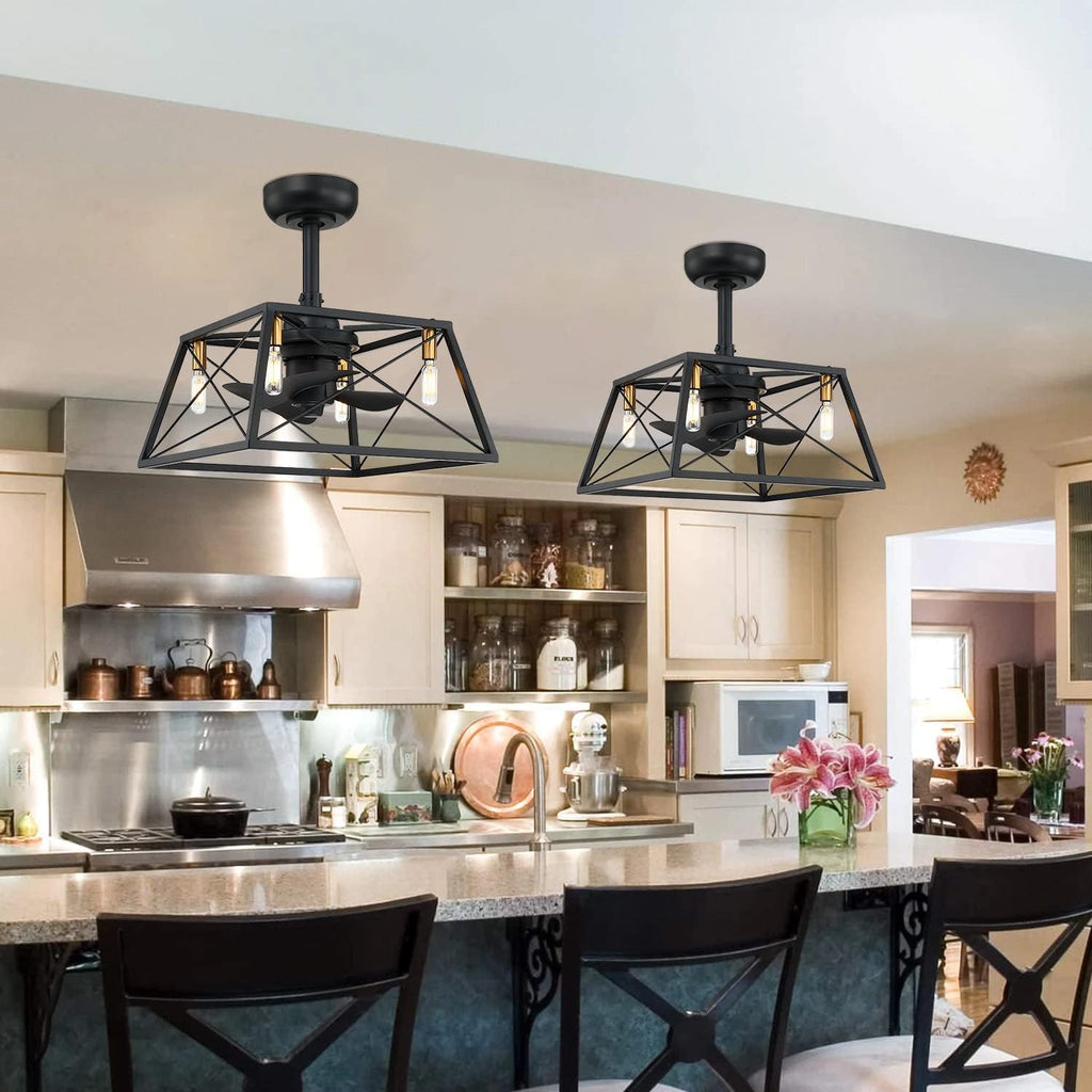 Black and Gold Caged Ceiling Fan with LED Light Kit L984