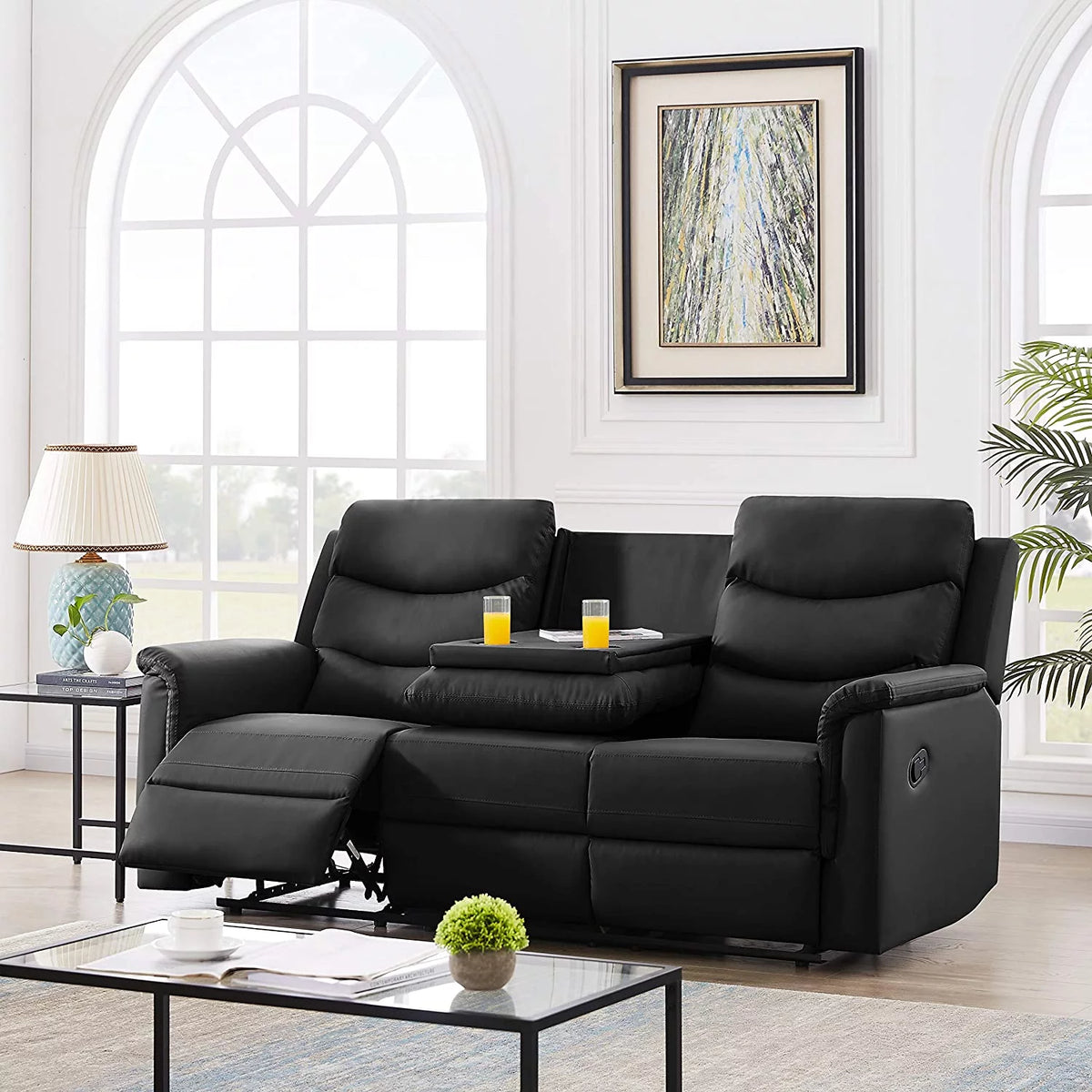 Black 3-Seater PU Recliner Sofa with 2 Cup Holders U30897