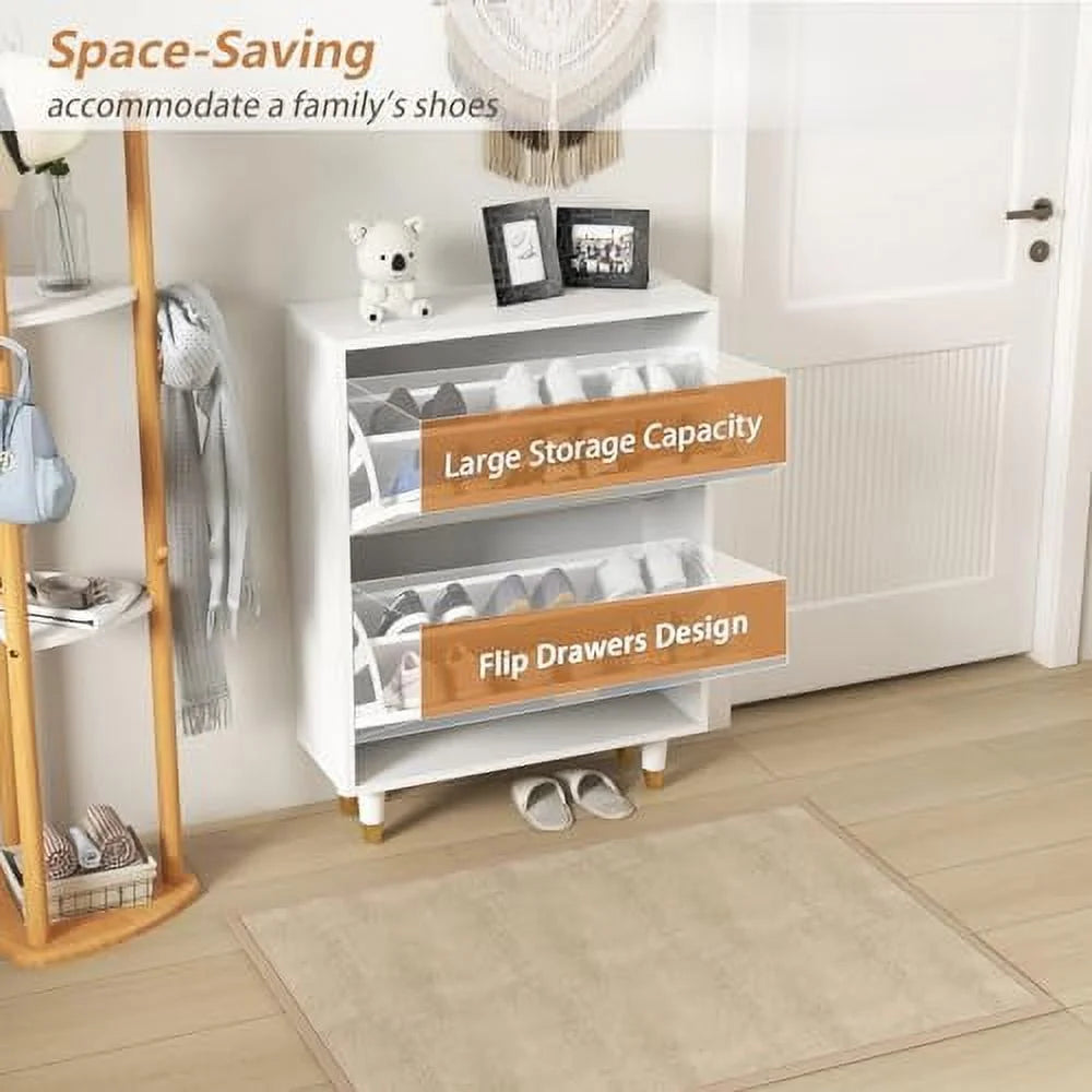White 2 Flip Drawers Slim Shoe Cabinet E238181