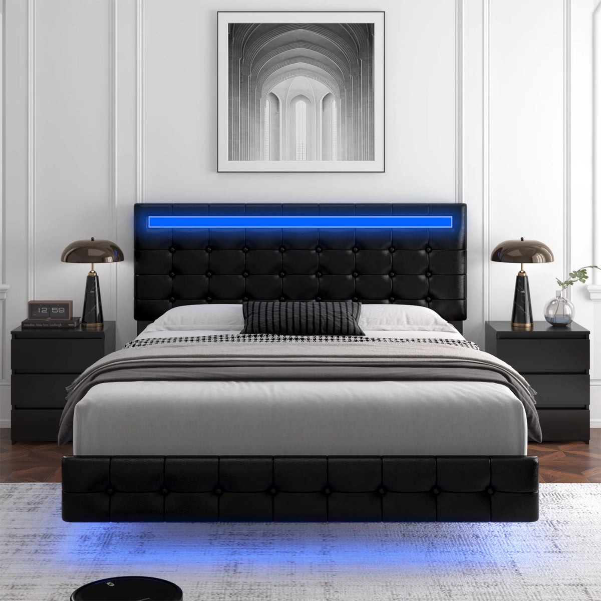 White Queen Floating LED Platform Bed with Storage Z857402