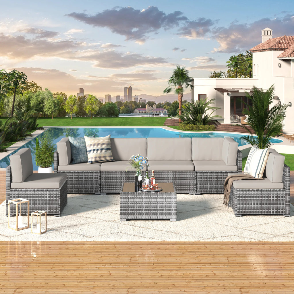 7 Piece Beige Rattan Wicker Sectional Sofa Set with Table V586327