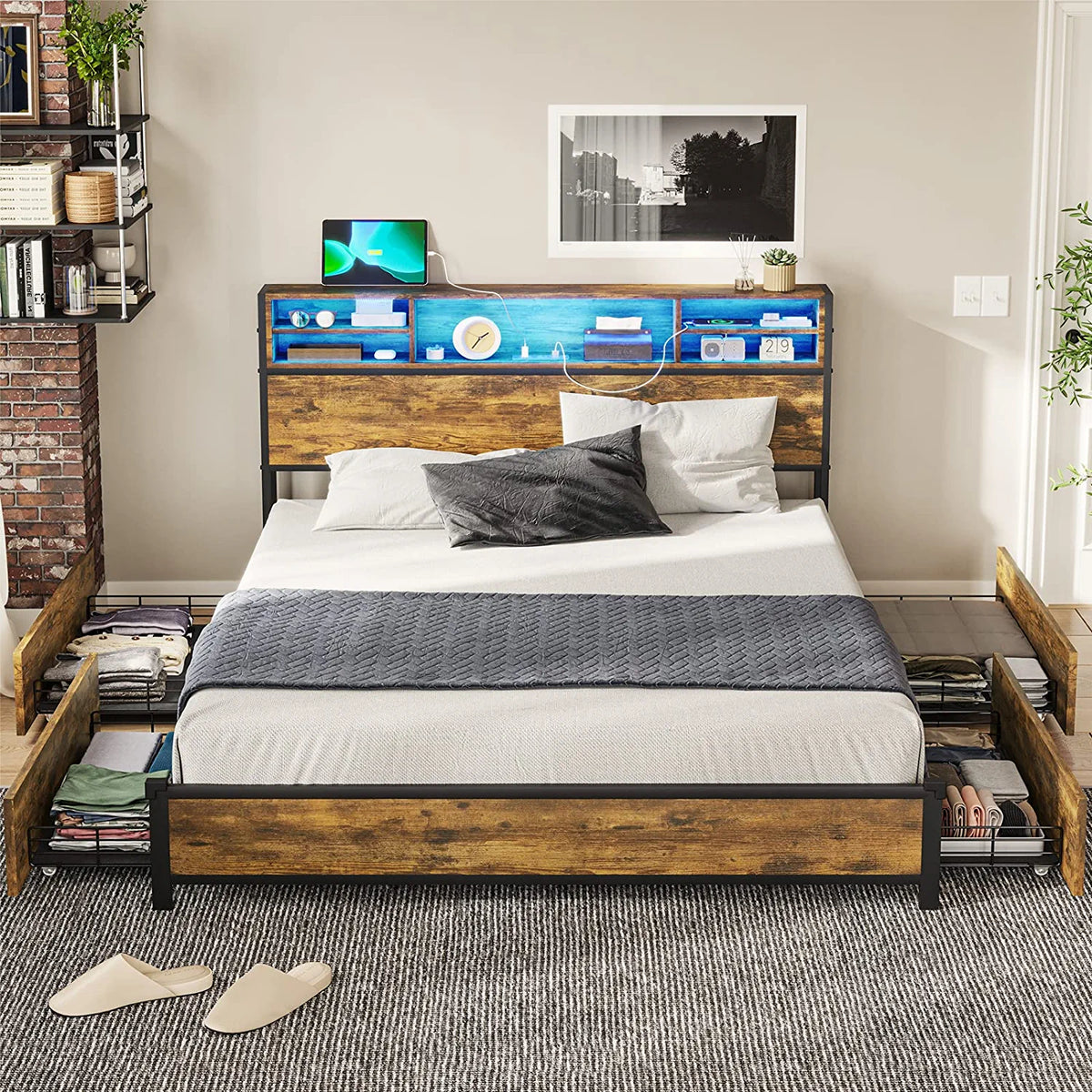 Full Size LED Metal Platform Bed Frame with Storage Drawers O99378