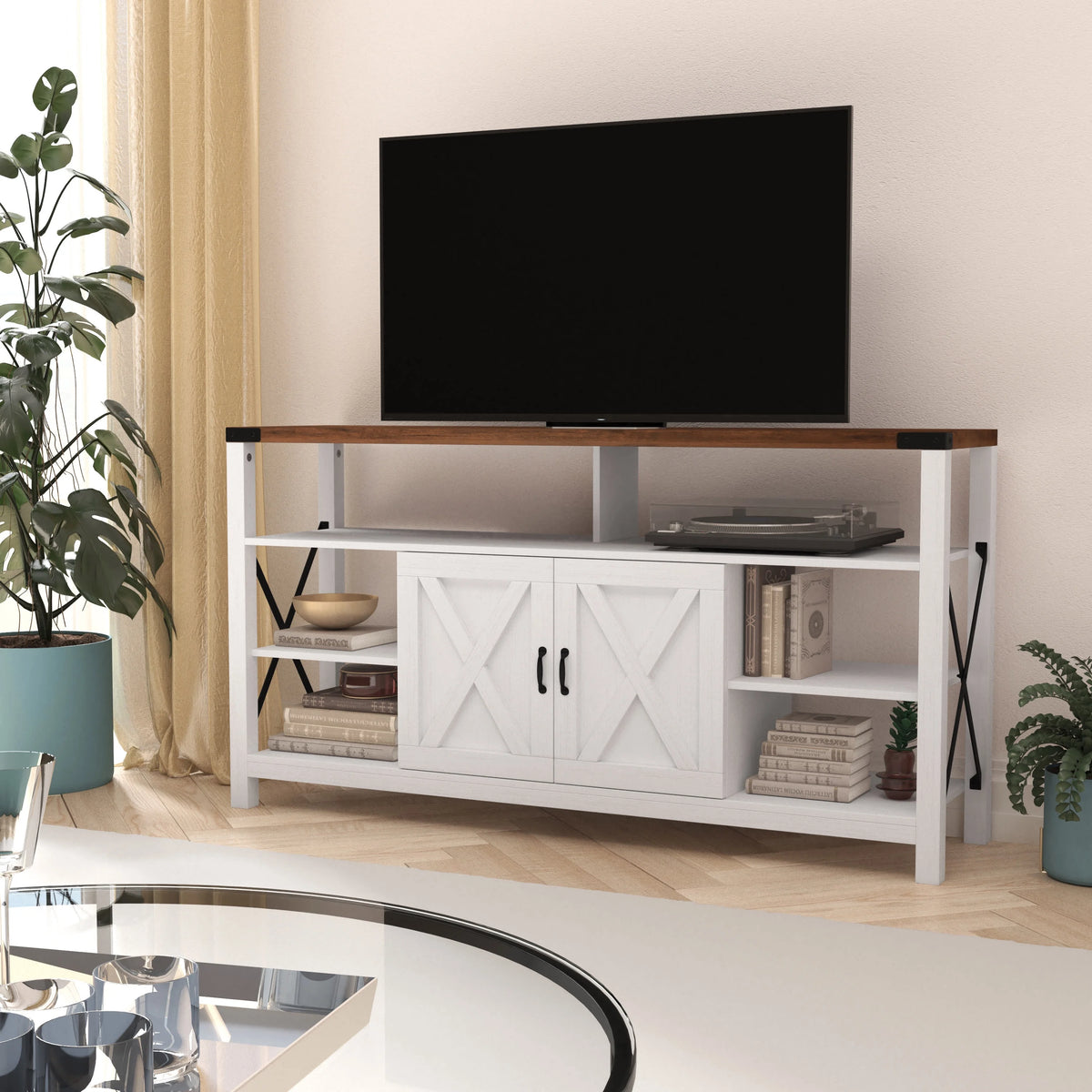 60" White Media Console with Rustic Oak Top J67585