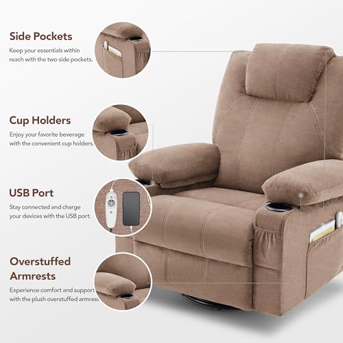 Brown Leather Oversized Swivel Rocker Recliner Chair with Heat and Massage T443977