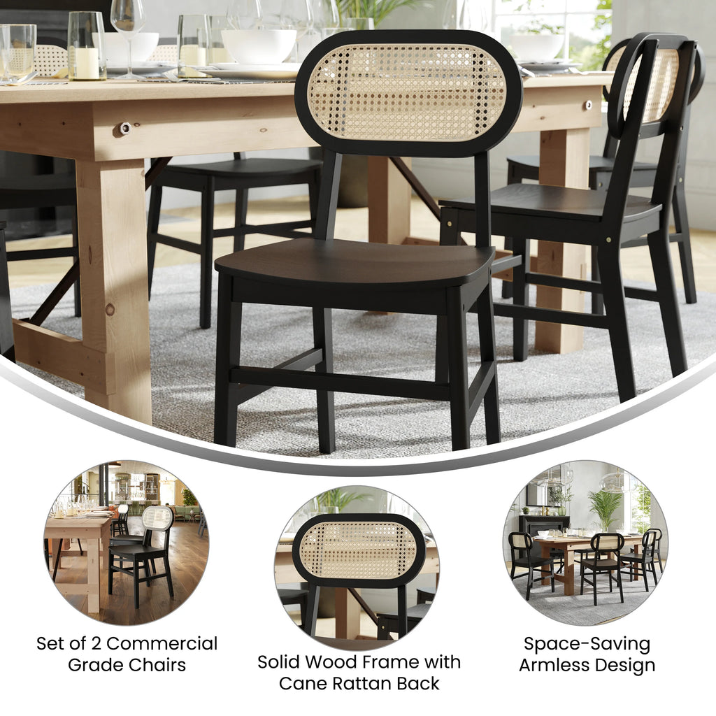 Set of 2 Cane Rattan Dining Chairs with Solid Wood Frames O149