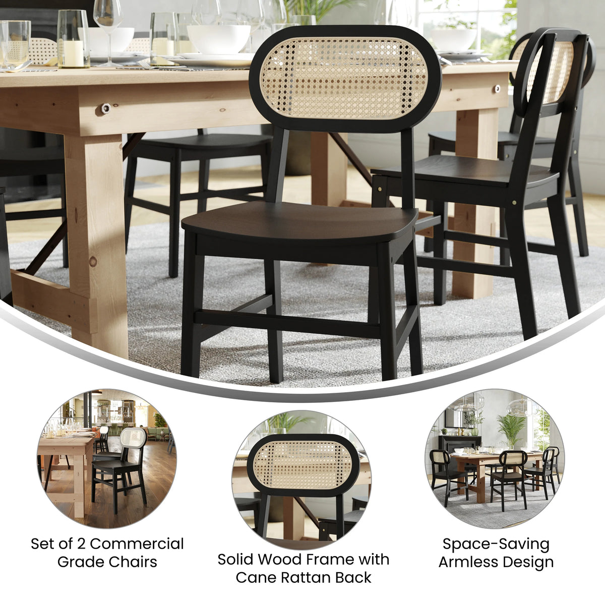 Set of 2 Cane Rattan Dining Chairs with Solid Wood Frames O149