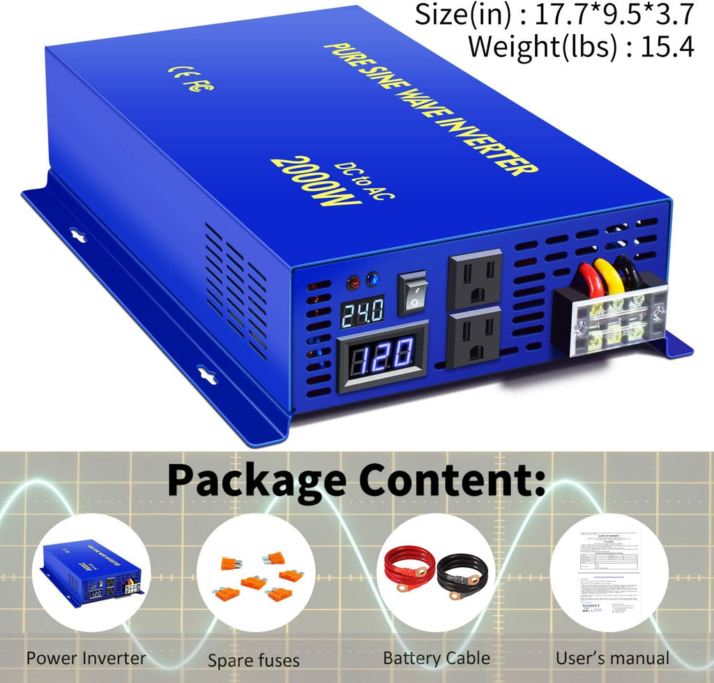 2000 Watt Pure Sine Wave Inverter 24V DC to 110v 120V AC E714