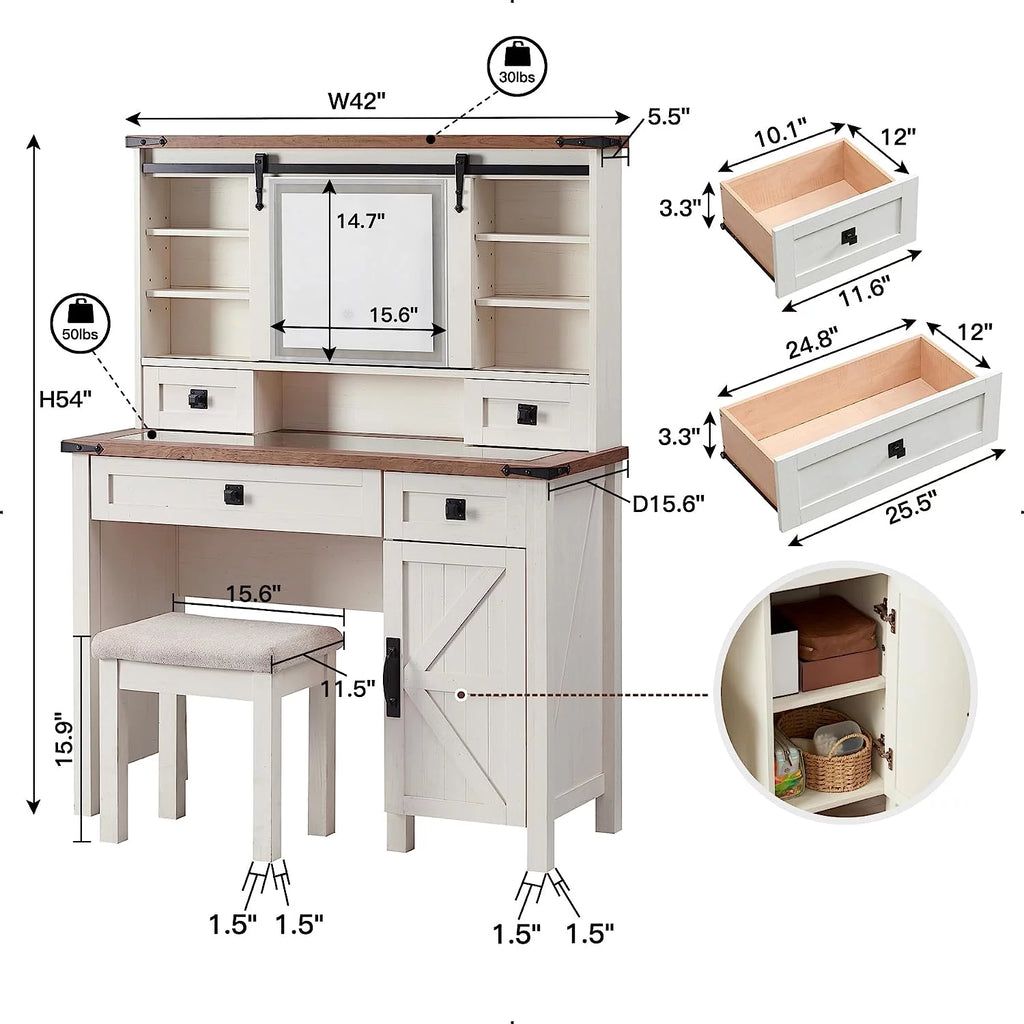 White Vanity Set with Sliding Lighted Mirror and Stool Q396