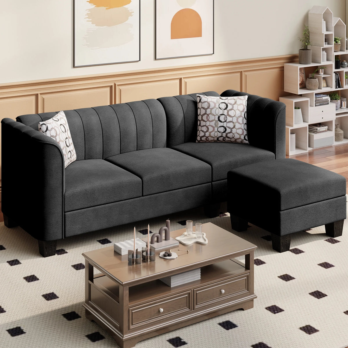 Black L Shaped Linen Fabric Sectional Sofa T3431