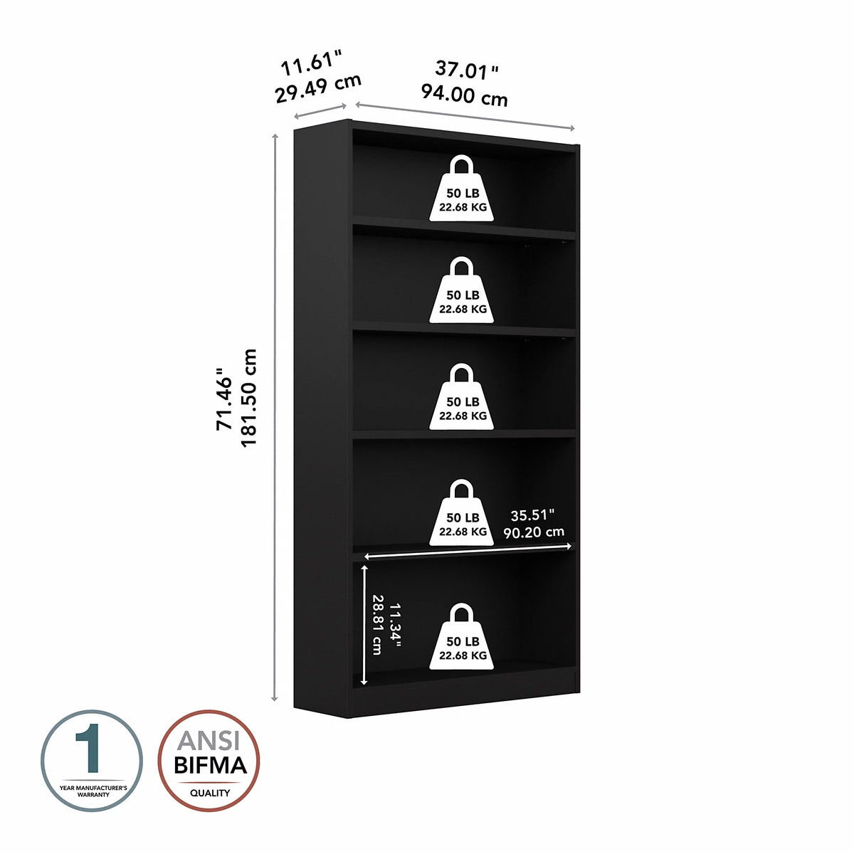 5 Shelf Classic Black Bookcase D4527