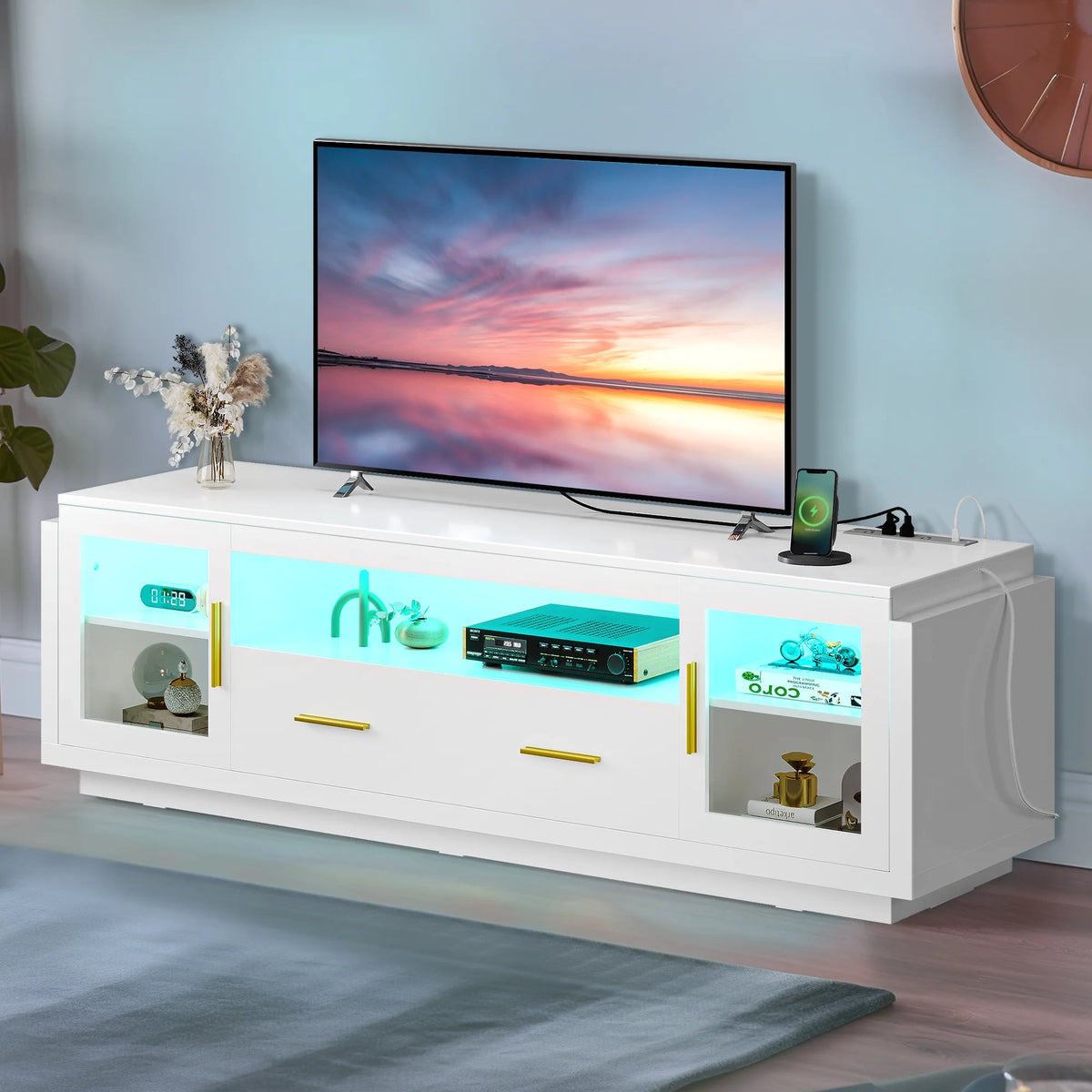 70" LED TV Stand with Power Outlets White & Gold J289