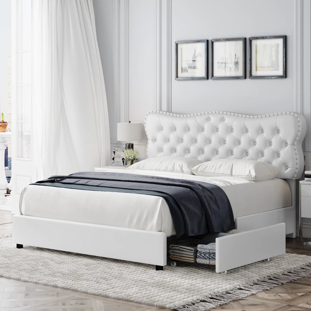 White Queen Bed Frame with Drawer J711544