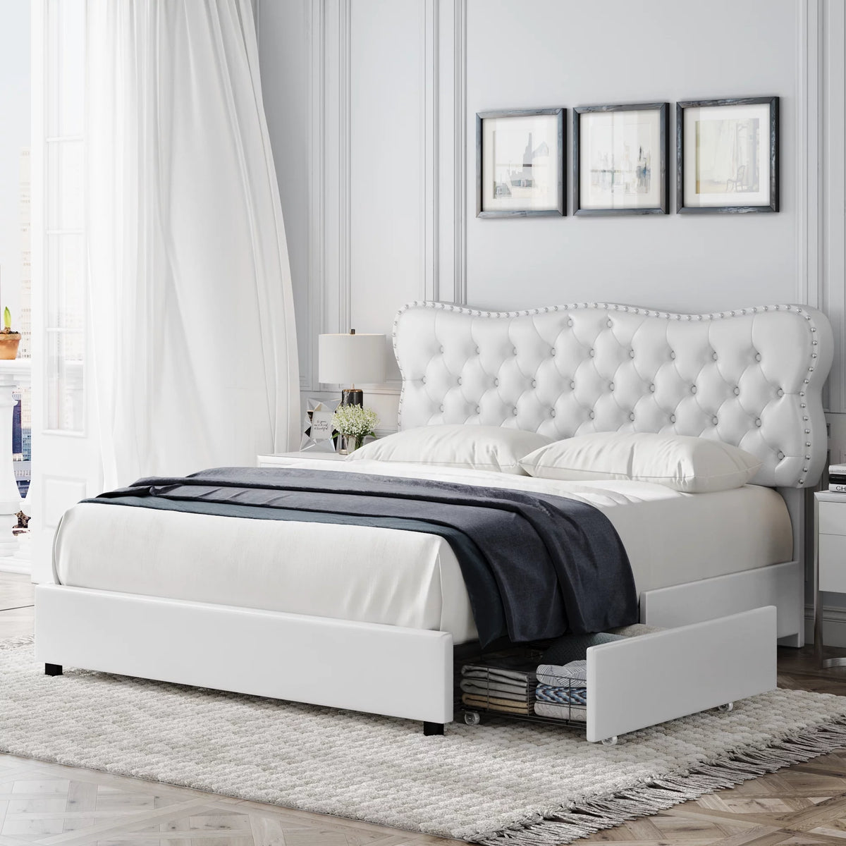White Queen Bed Frame with Drawer J711544