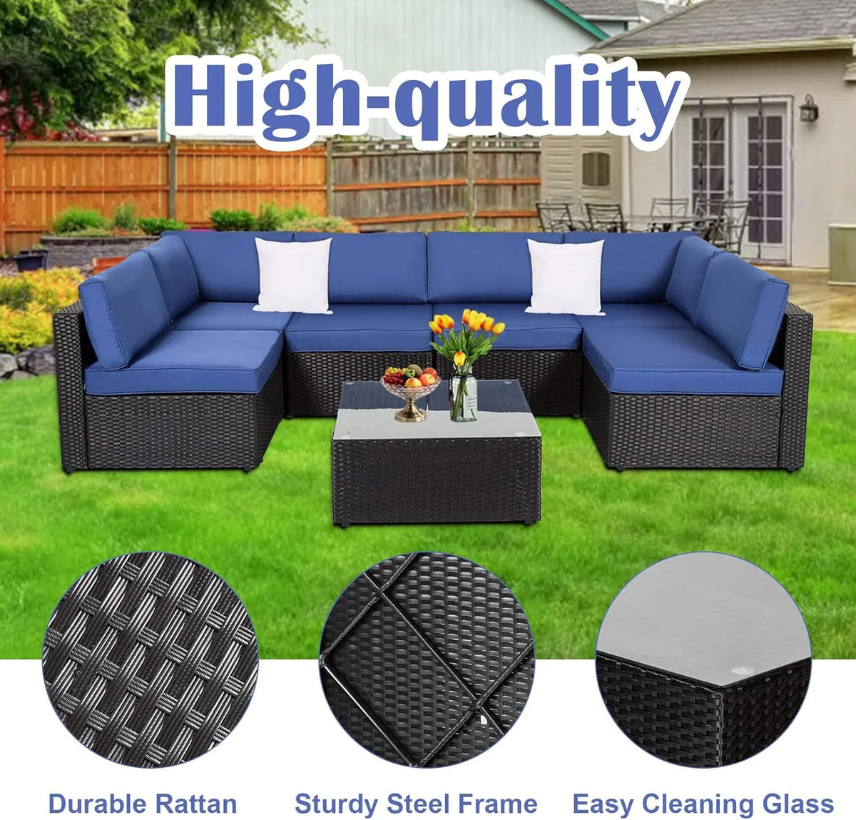 7 Pc Pe Rattan Wicker Sofa Sectional Set with Dark Blue Cushions T439190