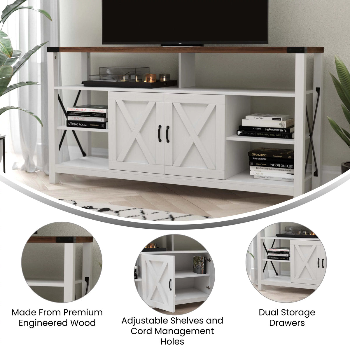 60" White Media Console with Rustic Oak Top J67585