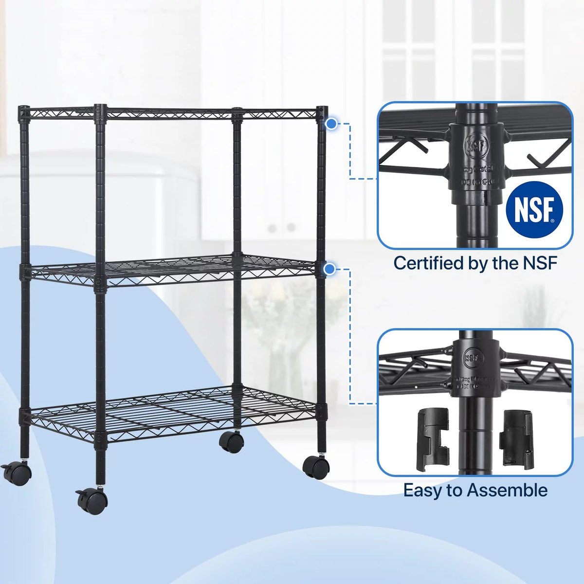 3-Tier Black Adjustable Wire Shelving Unit with Wheels I888968