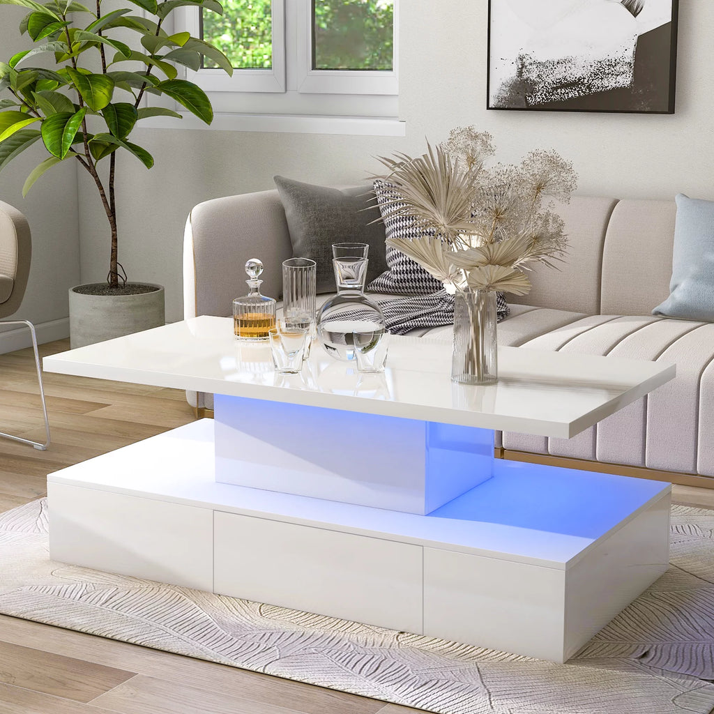 39.3" Coffee Table with Drawer, 2-Tier Rectangle LED White High Gloss V1076