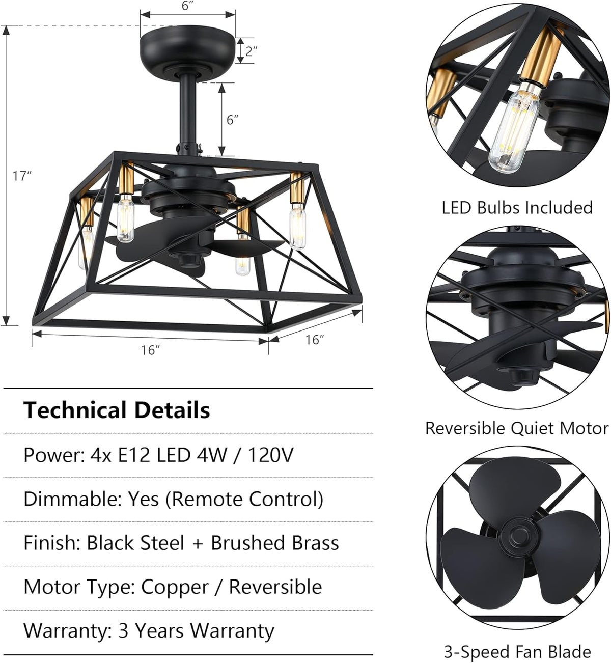 Black and Gold Caged Ceiling Fan with LED Light Kit L984