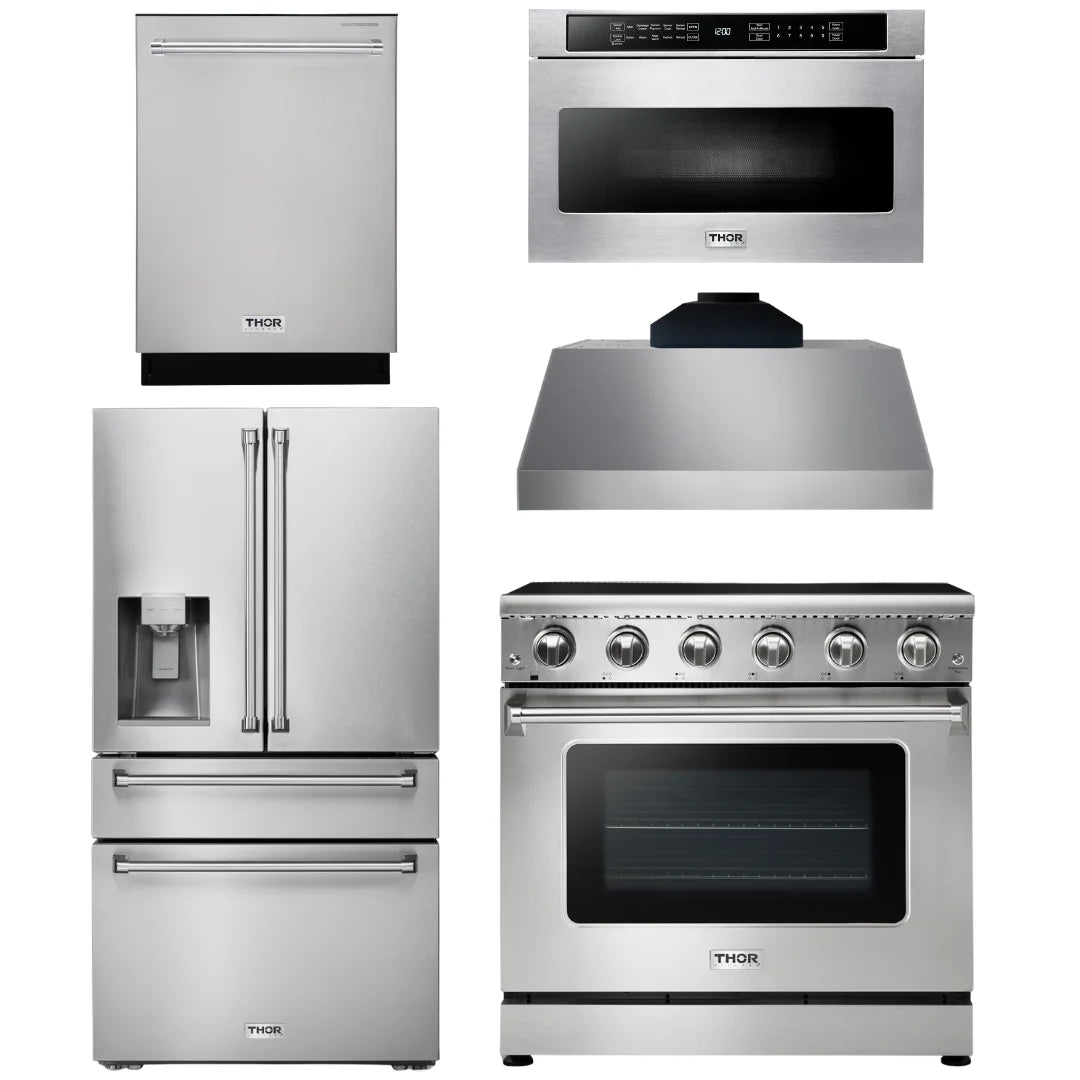 36 Electric Range, Range Hood, Microwave, Refrigerator with Water and Ice Dispenser, Dishwasher T157