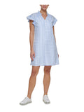 Blue Ruffled Button Detail Lined Gingham Flutter Sleeve Short Shift Dress P7912